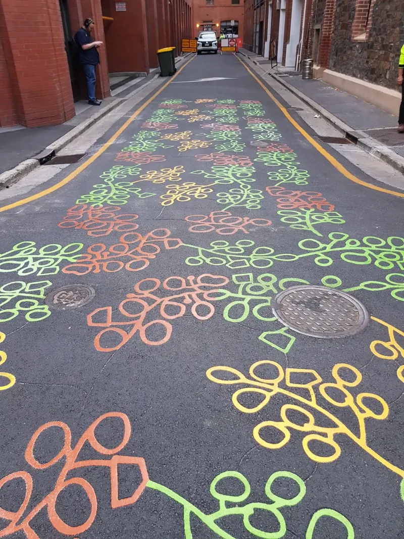 Colourful foliage DuraTherm pattern across a full street width