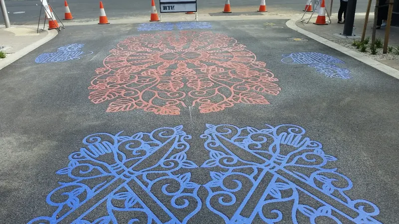 Red and blue damask patterned decorative crosswalk