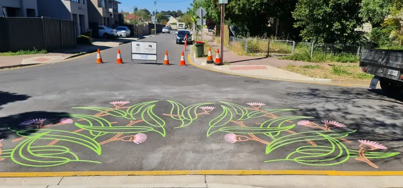 Gum blossom decorative crossing with traffic control in place