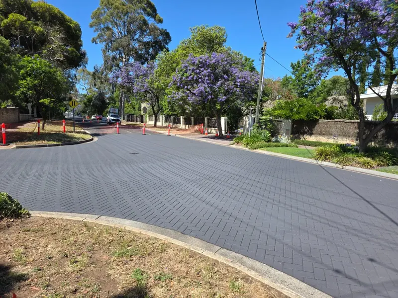 Completed StreetPrint streetscape under jacaranda trees